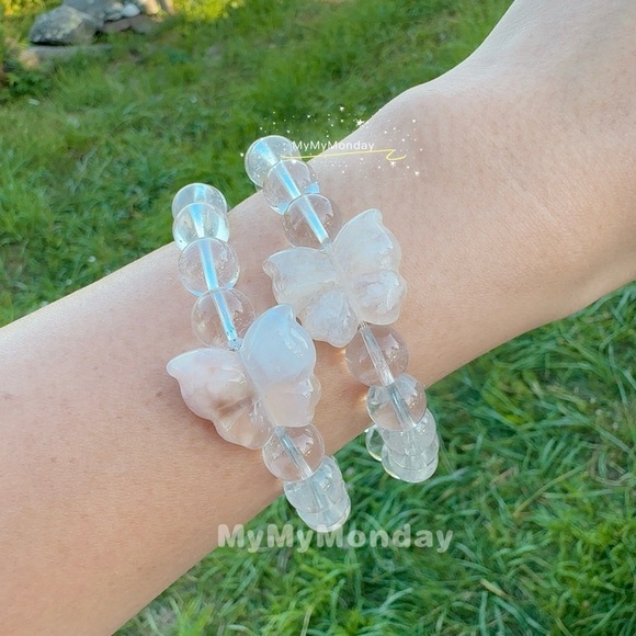 Handmade Other - Clear Quartz with Butterfly Cherry Blossom Agate Bracelet 9mm